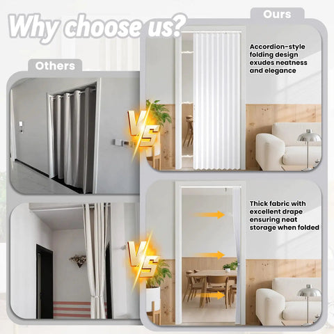 Comparison of Blackout Magnetic Door Curtain Set With Included Curtain Rods For Patio Door And Accordion Doorway White 42W X 78L 1 Pack Easy Install Noise Blocking Light Blocking Great For Bedroom And Living Room against other curtain types, showing neat folding design.