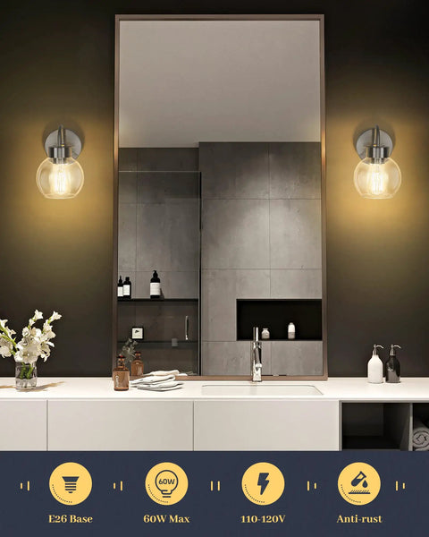 Over Mirror Bathroom Light Fixture One Light Brushed Nickel Wall Sconce in bathroom setting with mirror and glass globe shade.