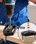 Self Centering Doweling Jig With Eight Size Drill Bushings For One Eighth To Three Eighth Inch Drill Bits, Go To Pro Handheld Drill Guide Block For Straight Holes, Woodworking And DIY Drill Bit Guide, 3D Printed Lightweight being used with a power drill on wooden plank.