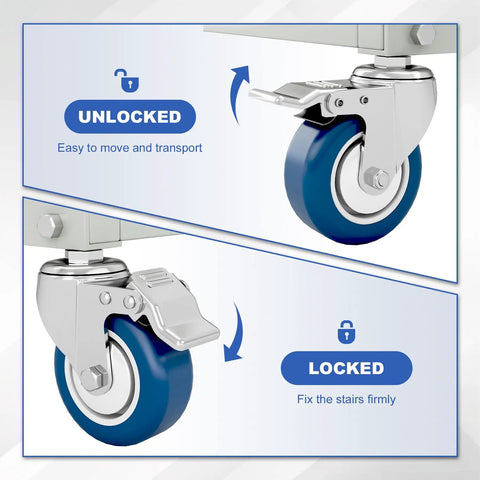 Badass Heavy Duty Seven Step Rolling Ladder With Reinforced Steel Handrails And Easy Glide Wheels, showing locking and unlocking wheel mechanisms.