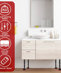Bathroom vanity supported by 2 Pack Cabinet Jacks For Installing Cabinets Height Adjustable Support Pole Stable Third Hand Support System, nylon material.