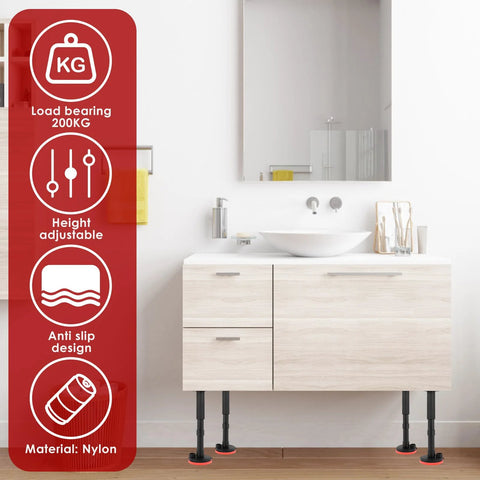 Bathroom vanity supported by 2 Pack Cabinet Jacks For Installing Cabinets Height Adjustable Support Pole Stable Third Hand Support System, nylon material.