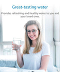 Woman holding a glass of water, promoting Two-Pack Water Filter Cartridge Replacement for InSinkErator F-201R, 4400 gallons capacity.