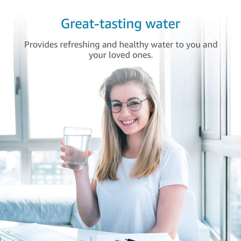 Woman holding a glass of water, promoting Two-Pack Water Filter Cartridge Replacement for InSinkErator F-201R, 4400 gallons capacity.