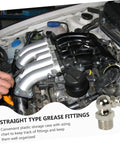 Automotive engine bay with grease fitting, labeled 'straight type.' Grease Fitting Assortment Kit for machinery lubrication shown.