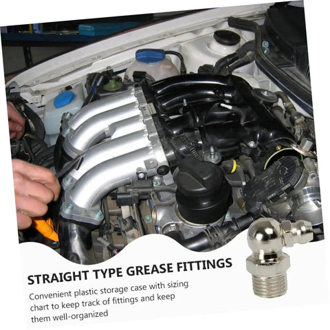 Automotive engine bay with grease fitting, labeled 'straight type.' Grease Fitting Assortment Kit for machinery lubrication shown.