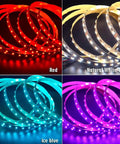 24V RGB CCT 5 In 1 LED Strip Lights With Tunable White Ultra Bright 300 LEDs showing red, natural white, ice blue, and pink colors