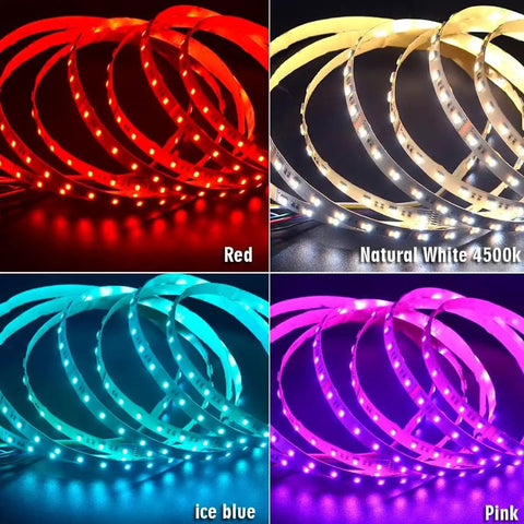 24V RGB CCT 5 In 1 LED Strip Lights With Tunable White Ultra Bright 300 LEDs showing red, natural white, ice blue, and pink colors