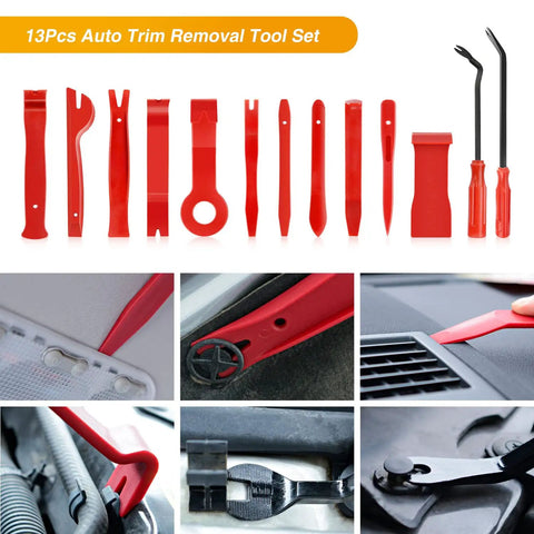 Nylon Car Fastener Clip Kit For Panels And Dashboards DIY Ready 13 Piece Trim Removal Tool Set showing red tools and applications