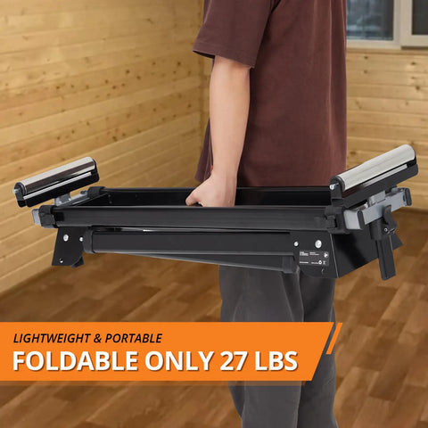 Person holding Built Tough Folding Miter Saw Stand, 27 lbs, portable and foldable, ideal for quick cuts in garage workstation.