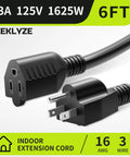 Heavy Duty 16 Gauge 6 Ft Indoor Extension Cord With 3 Prong NEMA 5-15P To 5-15R, 13A 125V 1625W, Pure Copper Conductors, ETL Listed