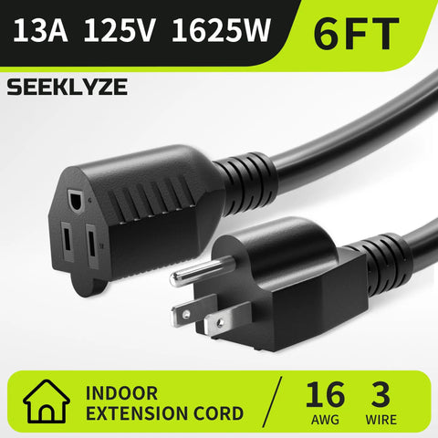 Heavy Duty 16 Gauge 6 Ft Indoor Extension Cord With 3 Prong NEMA 5-15P To 5-15R, 13A 125V 1625W, Pure Copper Conductors, ETL Listed