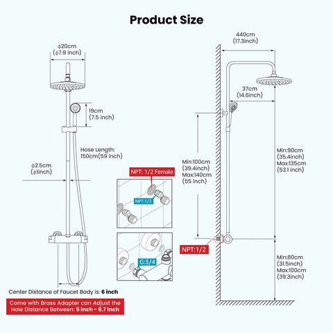 Product size diagram for Thermostatic Shower Faucet Exposed Bathroom Setup With 8 Inch Round Wall Mounted Shower Head And ABS Handheld Sprayer