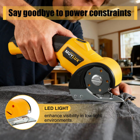 Heavy Duty Cordless Electric Scissors And Cardboard Cutter For Fabric, Plastic, Wood And Wrapping Paper With Safety Lock And LED Light being used to cut fabric.