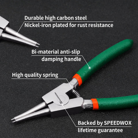 5 Inch Circlip Pliers For External Snap Rings 0.06 Inch Tip Diameter Straight Jaw Retaining Ring Pliers For Easy Ring Removal And Installation Pro Grade Heavy Duty Tool For Automotive Machinery And DIY Repairs with green handles and high carbon steel construction.