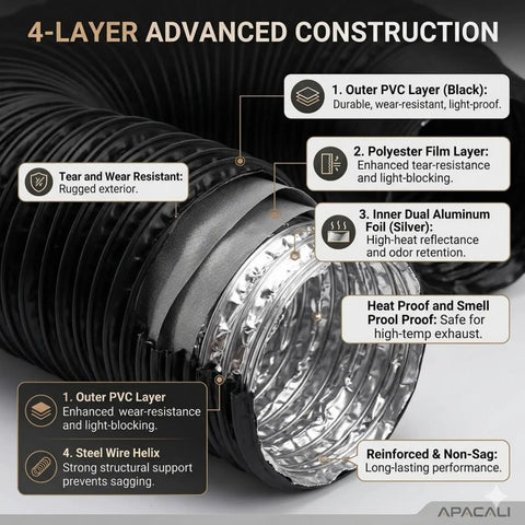 Heavy Duty 3 Inch Flexible PVC Ducting Hose 16.4 Ft Black Dryer Vent With Two Clamps For Heating, Cooling, Ventilation And Exhaust, 75mm Inner Diameter Built To Last No-Collapse Design showing detailed 4-layer construction.