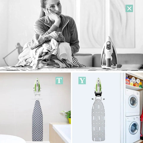 Super Handy Wall Mounted Iron And Ironing Board Hanger, Space Saving Organizer Shelf with hooks in laundry room setting.