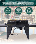 Heavy Duty Aluminum Benchtop Router Table With Expandable Work Surface And Sleek Adjustable Fence Rock Solid Woodworking Rig For No Fuss Diy Carpenter Setup Black, front view with tools in background.