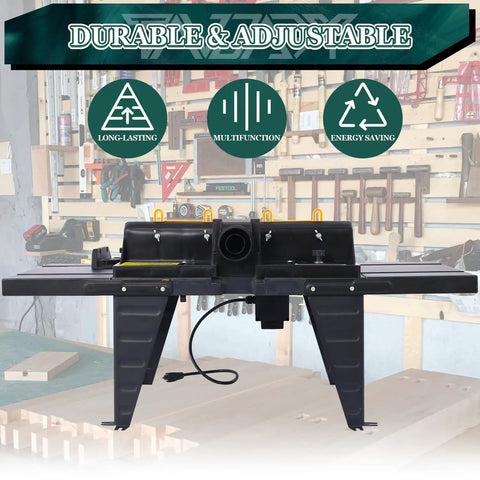 Heavy Duty Aluminum Benchtop Router Table With Expandable Work Surface And Sleek Adjustable Fence Rock Solid Woodworking Rig For No Fuss Diy Carpenter Setup Black, front view with tools in background.