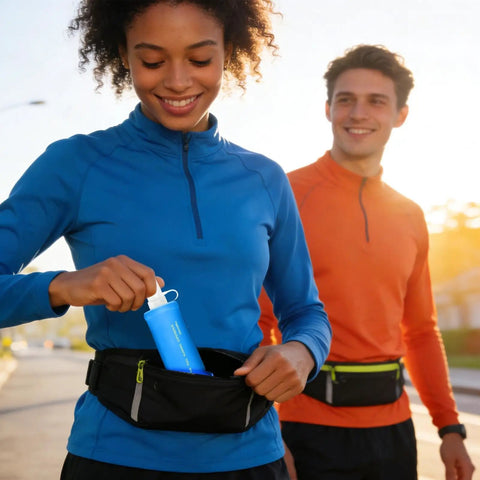 Woman with Foldable Water Bottle Soft Portable Leakproof Folding Pouch For Active Mobility, placing in waist pack while jogging.
