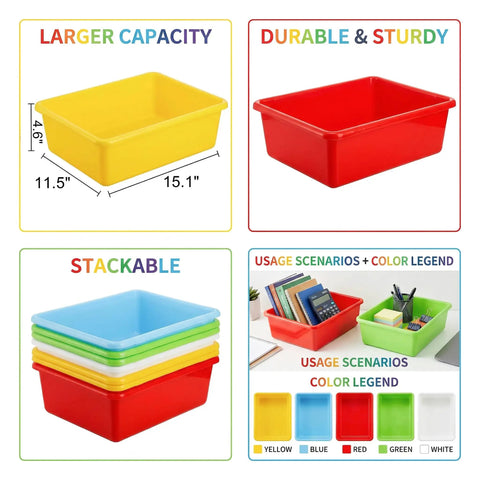 Large Stackable Plastic Storage Bins For Home And Classroom Organization, 15 By 11.5 Inch Toy Baskets in assorted colors