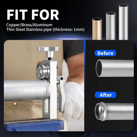 Tubing Bead Roller For Copper, Aluminum, And Thin Steel Piping - Compact, Portable Bead Roller Tool For 5/8 Inch And Up Diameters shown in use with before and after pipe examples