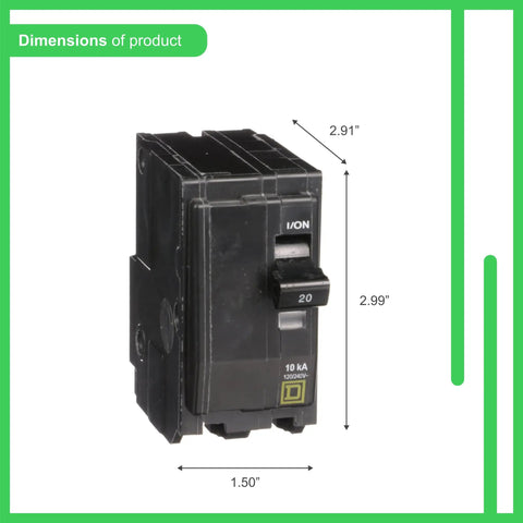 QO220CP 20 Amp 2 Pole Plug On Circuit Breaker with dimensions and Quick Trip Easy Install for home and workshop panels
