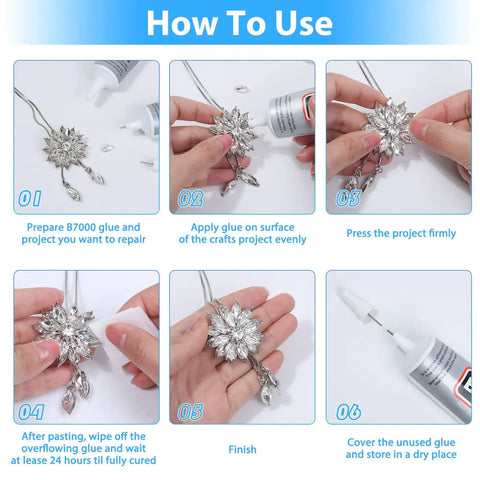 Instruction steps using Ultra Versatile B-7000 Industrial Strength Glue For Rhinestones And Crafts, Heavy Duty Adhesive for jewelry repair