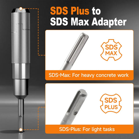 Heavy-Duty SDS Plus To SDS Max Adapter showcasing steel construction for heavy concrete work and light tasks.