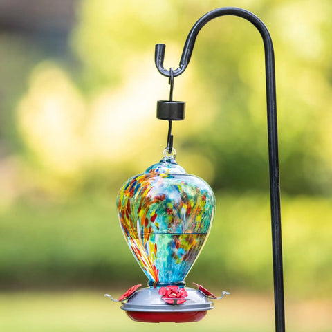 Blown Glass Hummingbird Feeder For Outdoors Hanging 34oz Comet Design, Eye Catching Garden And Backyard Decor