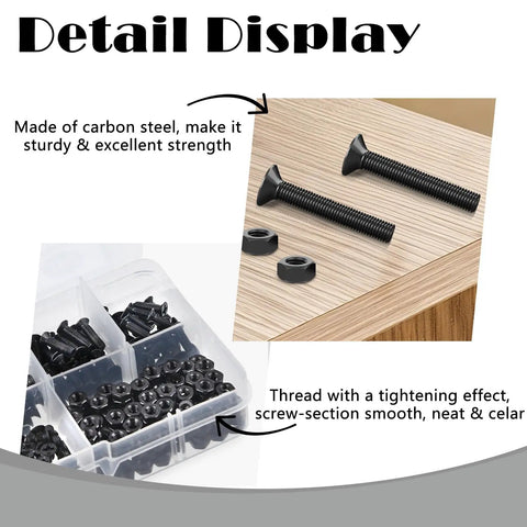 Detail of 380 Pcs M3 Black Flat Head Machine Screws and Hex Nuts Kit in Carbon Steel with storage box and wood surface