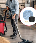 Man using shop vacuum with 20-Piece Vacuum Filter Kit For 5-Gallon Plus Wet Dry Vacuums Includes 8 Paper Disc Filters 8 Retaining Bands And 4 Foam Sleeves For Quick Cleanups And Solid Suction