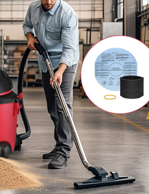 Man using shop vacuum with 20-Piece Vacuum Filter Kit For 5-Gallon Plus Wet Dry Vacuums Includes 8 Paper Disc Filters 8 Retaining Bands And 4 Foam Sleeves For Quick Cleanups And Solid Suction