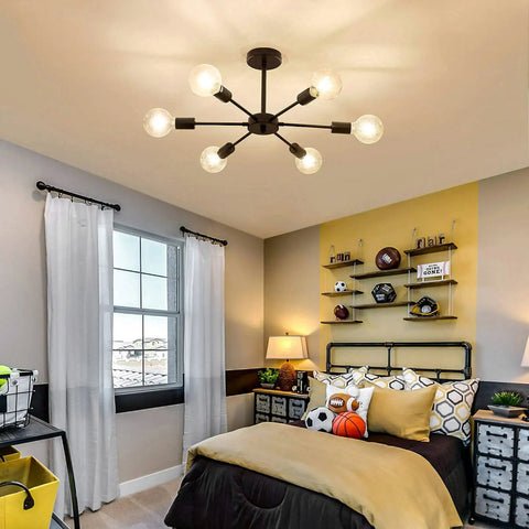 Six Light Sputnik Black Chandelier With Adjustable Height Ceiling Light Fixture in modern bedroom setting.