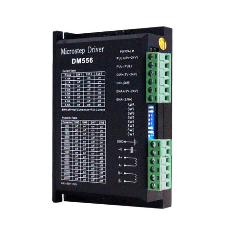 Front view of DM556 CNC microstep driver module, black enclosure with green terminal blocks.