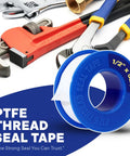 One Half Inch By Five Hundred Twenty Inch PTFE Thread Sealant Tape For Leak Proof Pipe Threads Water And Gas Line Plumbing Tape For Shower Heads Fittings And Faucets with tools in background.