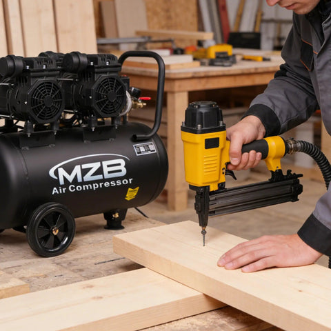 Top Notch 13 Point 2 Gallon Air Compressor Featuring Dead Silent Oil Free Pump And Heavy Duty Steel Tank Delivering Rock Solid 115 PSI for powering a nail gun on wood.
