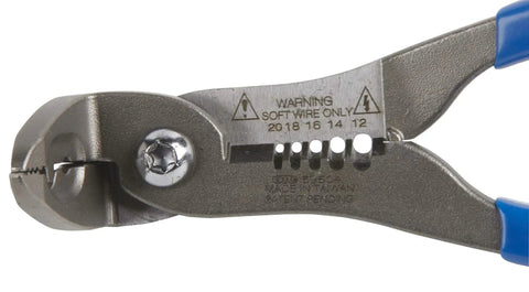 Angled 4 In 1 Wire Tool With Crimper Cutter Stripper And Gripper For Tight Spots close-up showing metal head and blue handles
