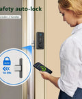 Keyless Entry Door Lock With Fingerprint And Touchscreen Keypad That Really Locks It Down Five Ways To Unlock Including App Control IC Card Passcode And Backup Key Electronic Deadbolt For Home Office And Hotel, shown installed with app control feature.