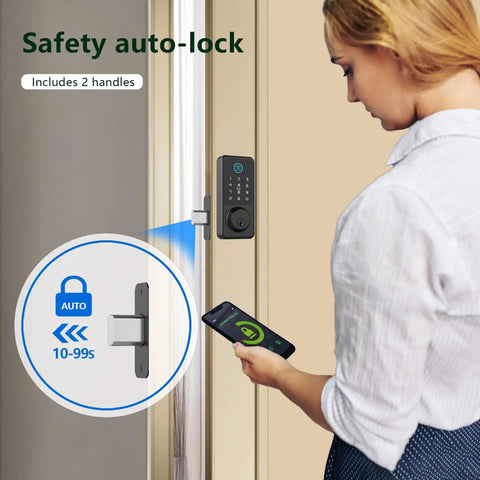Keyless Entry Door Lock With Fingerprint And Touchscreen Keypad That Really Locks It Down Five Ways To Unlock Including App Control IC Card Passcode And Backup Key Electronic Deadbolt For Home Office And Hotel, shown installed with app control feature.