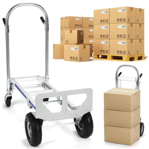 2-In-1 Convertible Hand Truck With Wheels, 800 Lbs Aluminum Folding Cart For Heavy Loads, One-Hand Quick Switch Between Upright And Flat Modes, Tool-Free Setup, Compact, Durable Jobsite Transport, shown flat and upright with boxes