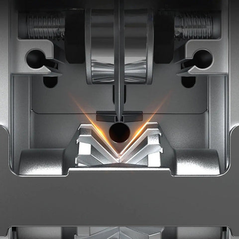 Close-up of Adjustable Multi Hole Wire Stripper Tool With Hand Crank And Power Drill Mode showing the cutting mechanism and gauge.