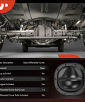 Premium Aftermarket Rear Differential Cover For 8.8 Ring Gear Axle With No Hassle Street Seal Gasket And Smooth Shifting Drain Magnet For Ford F Series Pickup And Van Fleet viewed from below, showcasing the sturdy steel design and gasket.