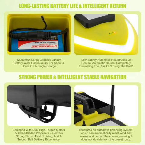 Close-up of yellow Beast GPS Fishing Bait Boat with 12000mAh battery compartment and strong power features, lake and river use.