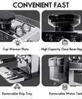 Pro Level Home Espresso Machine With Built In Conical Burr Grinder 20 Bar Pressure showing cup warmer, bean hopper, drip tray, and water tank.