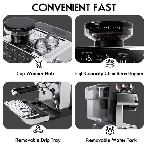 Pro Level Home Espresso Machine With Built In Conical Burr Grinder 20 Bar Pressure showing cup warmer, bean hopper, drip tray, and water tank.