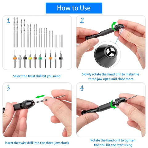 Instructions for using 36 Piece Hand Drill Set With Pin Vise And 25 Micro Twist Drill Bits Plus 10 PCB Mini Bits for crafts.