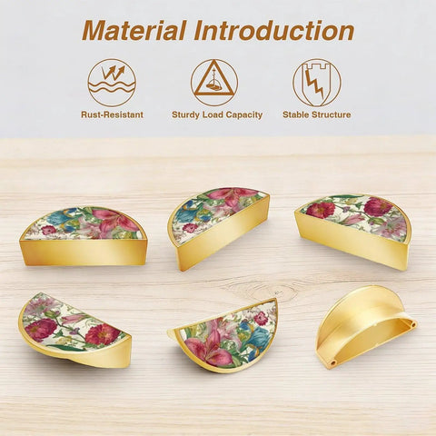 Two Pack Dope Gold Semicircle Cabinet Pulls With 3 Inch Hole Center, Vintage Floral Art Drawer Handles displayed on table surface
