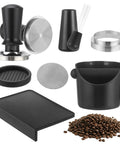 Kickstart Your Daily Grind With This Dope 6 Piece Espresso Accessory Kit Featuring A Heavy Duty 58 Mm Tamper, metal puck screen, and black knock box.