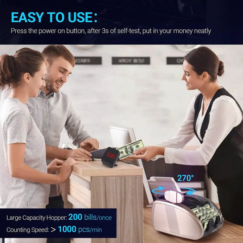 Couple using Portable Cash Counter With UV MG IR Counterfeit Detection at retail counter, showing dual LCD and fast counting.